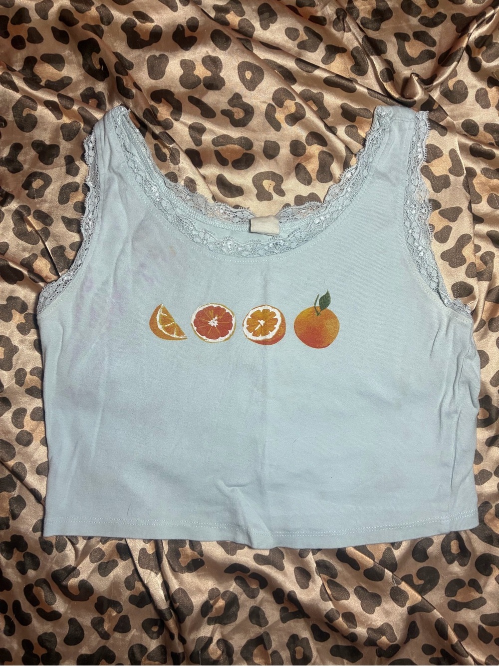 ⭒ adorable light blue orange lace trim crop top